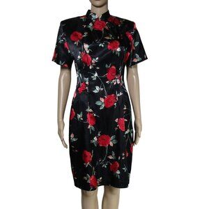 VTG 90s Asian Cheongsam Chinese Floral Dark Romantic Satin Wiggle Mod Dress S
